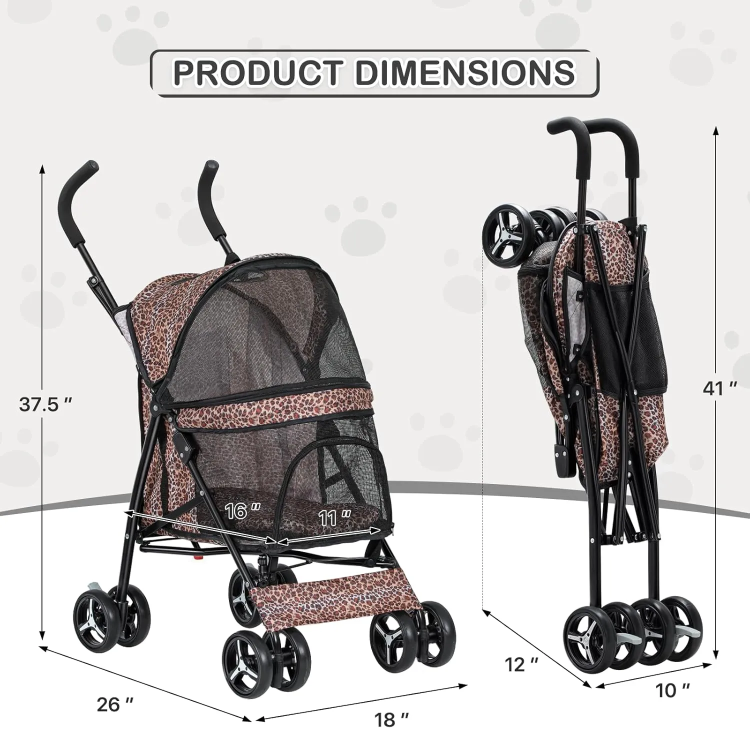 MoNiBloom 4 Wheels Pet Stroller, Easy-Fold Umbrella Shaped Dog Cat Jogger Stroller w/Storage Bag & Visible Mesh for Small/Medium Dogs Cats Leopard Print