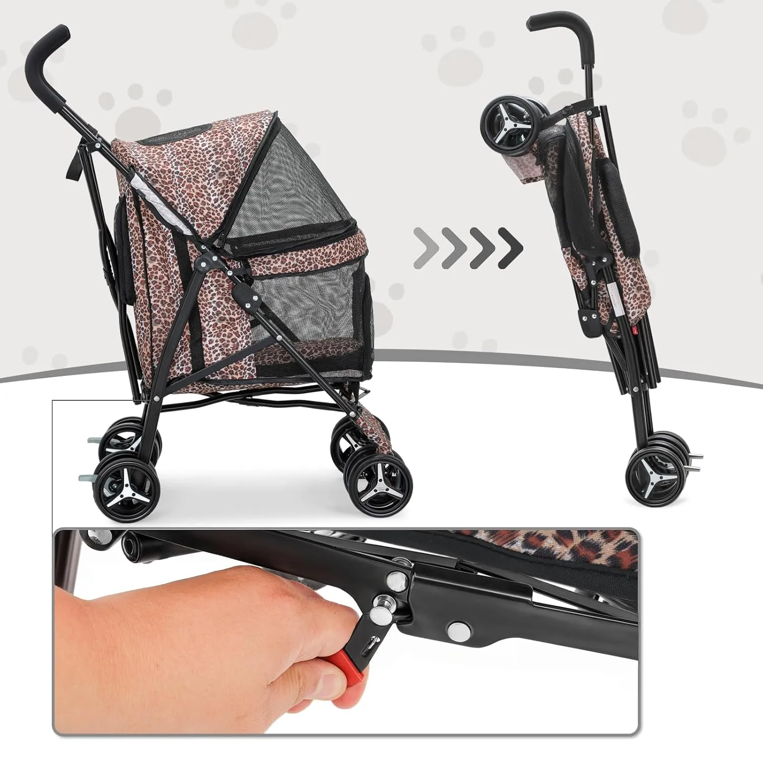 MoNiBloom 4 Wheels Pet Stroller, Easy-Fold Umbrella Shaped Dog Cat Jogger Stroller w/Storage Bag & Visible Mesh for Small/Medium Dogs Cats Leopard Print