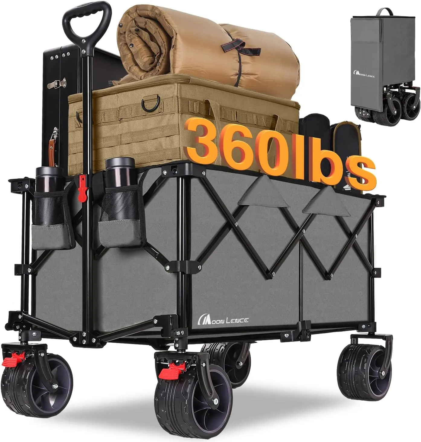 Moon Lence Collapsible Folding Wagon Cart Heavy Duty Folding Garden Portable Hand Cart with All-Terrain Beach Wheels, Adjustable Handle (Grey)