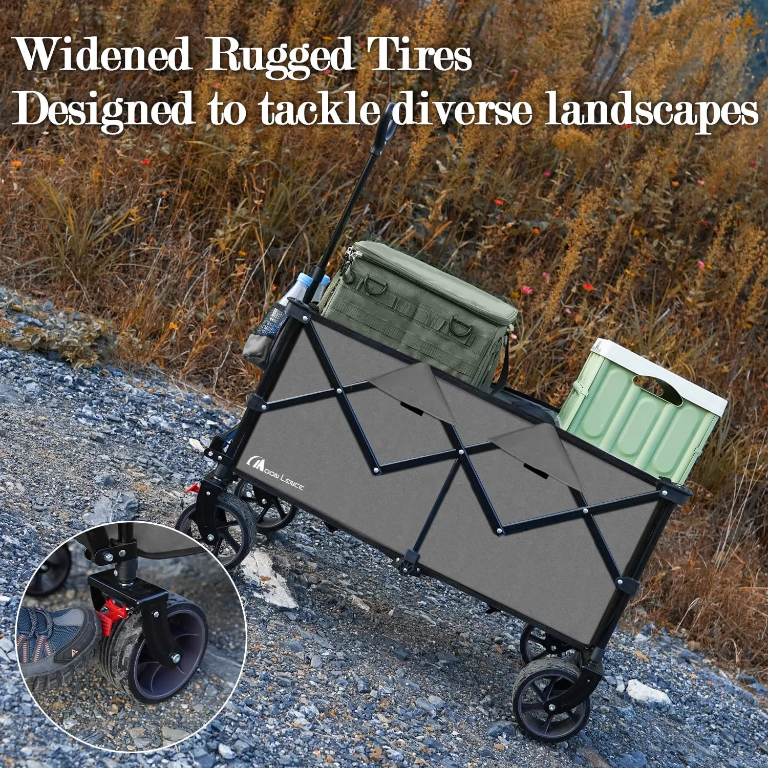 Moon Lence Collapsible Folding Wagon Cart Heavy Duty Folding Garden Portable Hand Cart with All-Terrain Beach Wheels, Adjustable Handle (Grey)