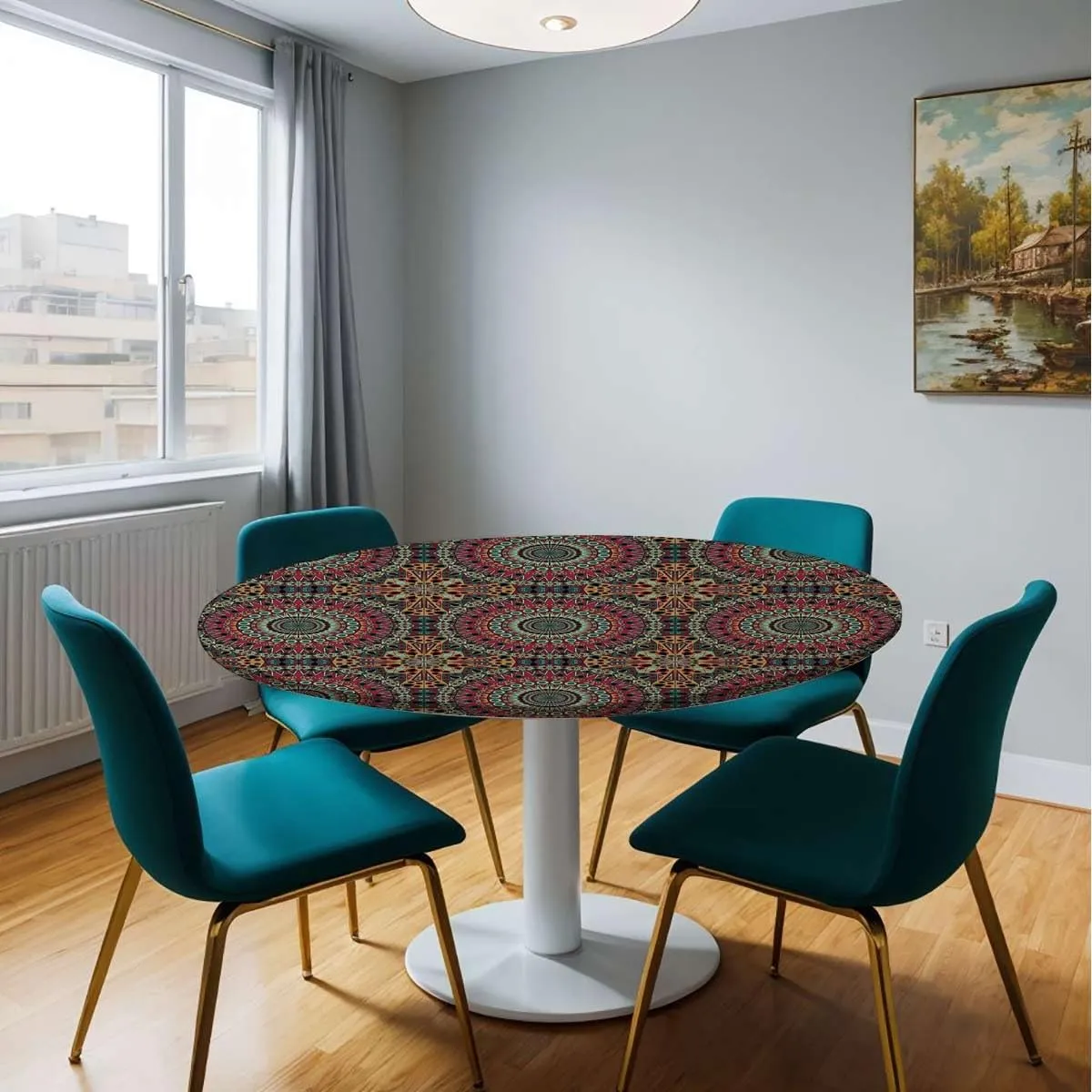 Multi Colored Round Table Cloth with Elastic Edged Spectral Color Motion Graphic Round Fitted Table Cover The Ultimate Protection for Your Table Fit for 36"-39" Diameter Table Mandala Design