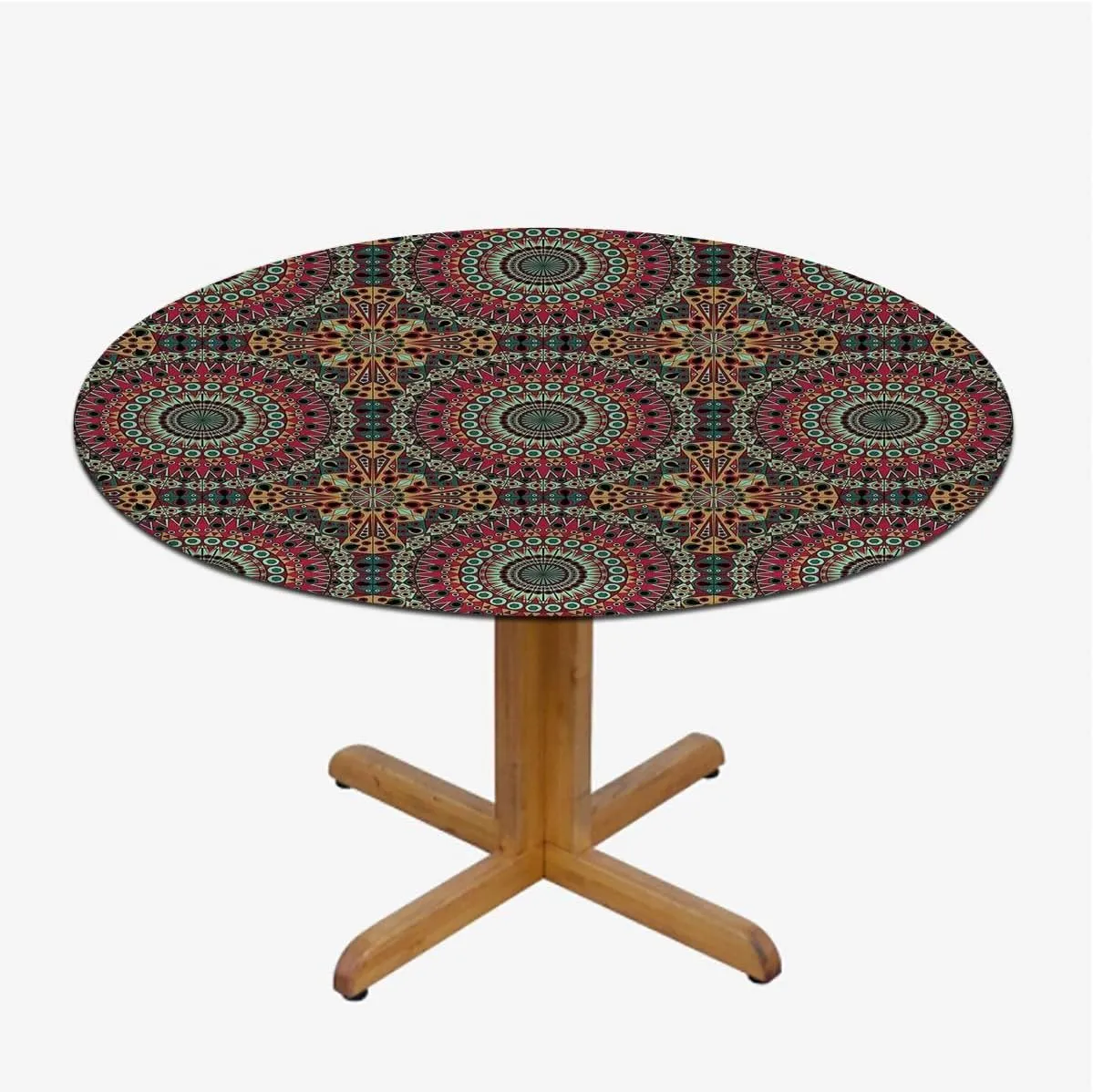Multi Colored Round Table Cloth with Elastic Edged Spectral Color Motion Graphic Round Fitted Table Cover The Ultimate Protection for Your Table Fit for 36"-39" Diameter Table Mandala Design