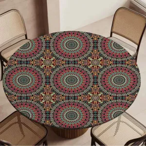 Multi Colored Round Table Cloth with Elastic Edged Spectral Color Motion Graphic Round Fitted Table Cover The Ultimate Protection for Your Table Fit for 36"-39" Diameter Table Mandala Design