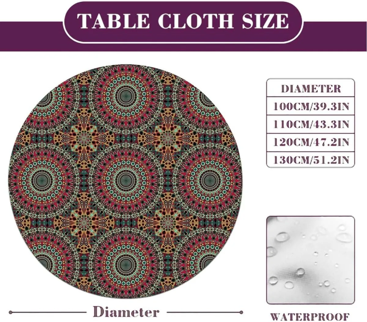 Multi Colored Round Table Cloth with Elastic Edged Spectral Color Motion Graphic Round Fitted Table Cover The Ultimate Protection for Your Table Fit for 36"-39" Diameter Table Mandala Design