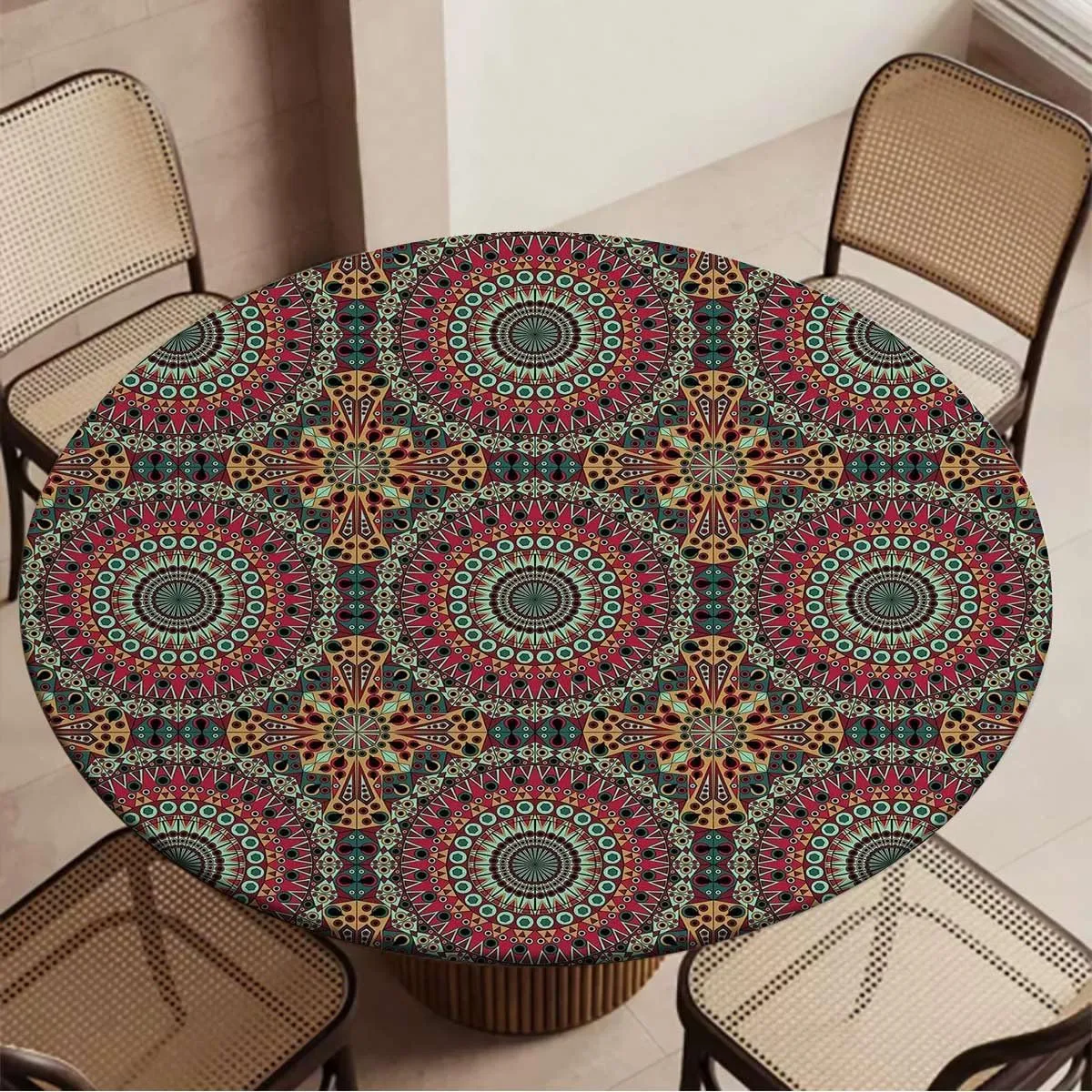 Multi Colored Round Table Cloth with Elastic Edged Spectral Color Motion Graphic Round Fitted Table Cover The Ultimate Protection for Your Table Fit for 36"-39" Diameter Table Mandala Design