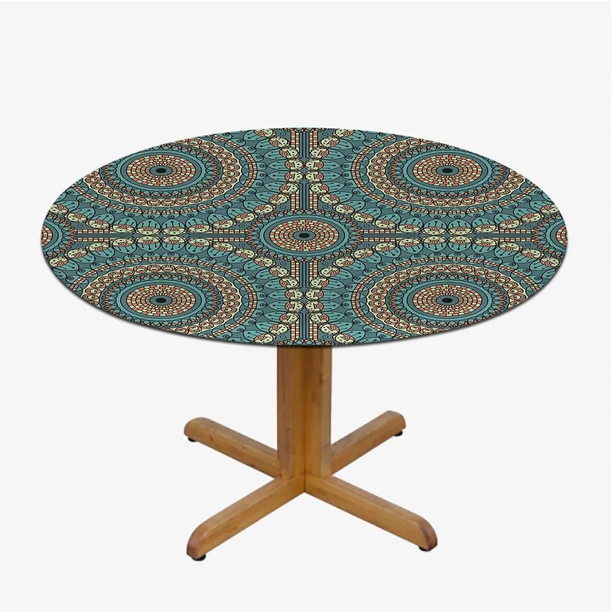 Multi Colored Round Tables Tablecloth Table Cloth Spectral Color Motion Graphic Elastic Edge Waterproof Table Cover Table Cloth for Round Table Fit for 36"-39" Diameter Table Mandala Design