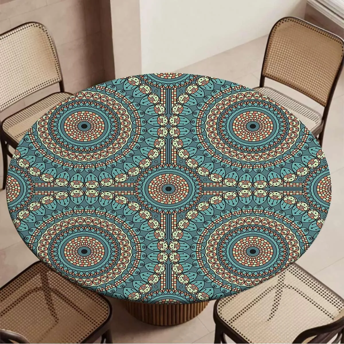 Multi Colored Round Tables Tablecloth Table Cloth Spectral Color Motion Graphic Elastic Edge Waterproof Table Cover Table Cloth for Round Table Fit for 36"-39" Diameter Table Mandala Design
