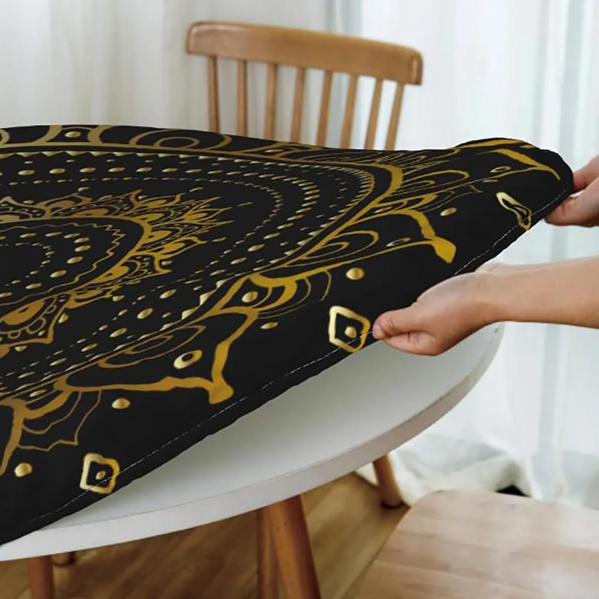 Multi Colored Round Tables Tablecloth Table Cloth Spectral Color Motion Graphic Elastic Edge Waterproof Table Cover Table Cloth for Round Table Fit for 36"-39" Diameter Table Mandala Design