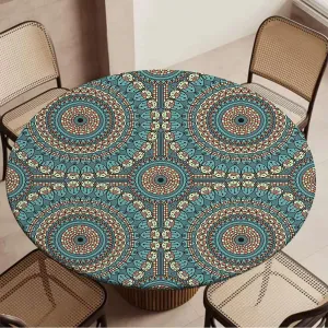 Multi Colored Round Tables Tablecloth Table Cloth Spectral Color Motion Graphic Elastic Edge Waterproof Table Cover Table Cloth for Round Table Fit for 36"-39" Diameter Table Mandala Design