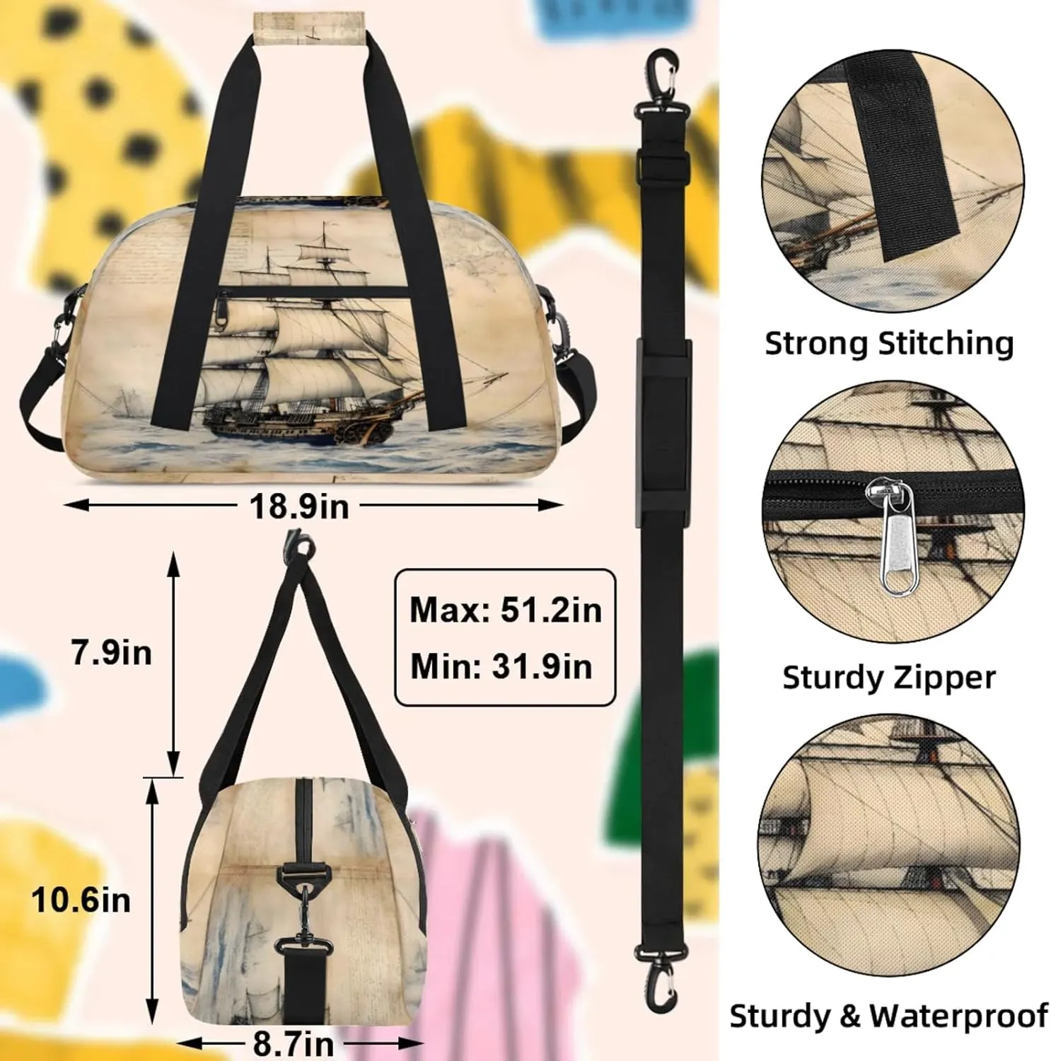 Nautical Ocean Pirate Ship Small Gym Bag 18 inch Carry On Duffel Bag for Weekender Travel Sports Workout Yoga Gymnastics Dance Ballet