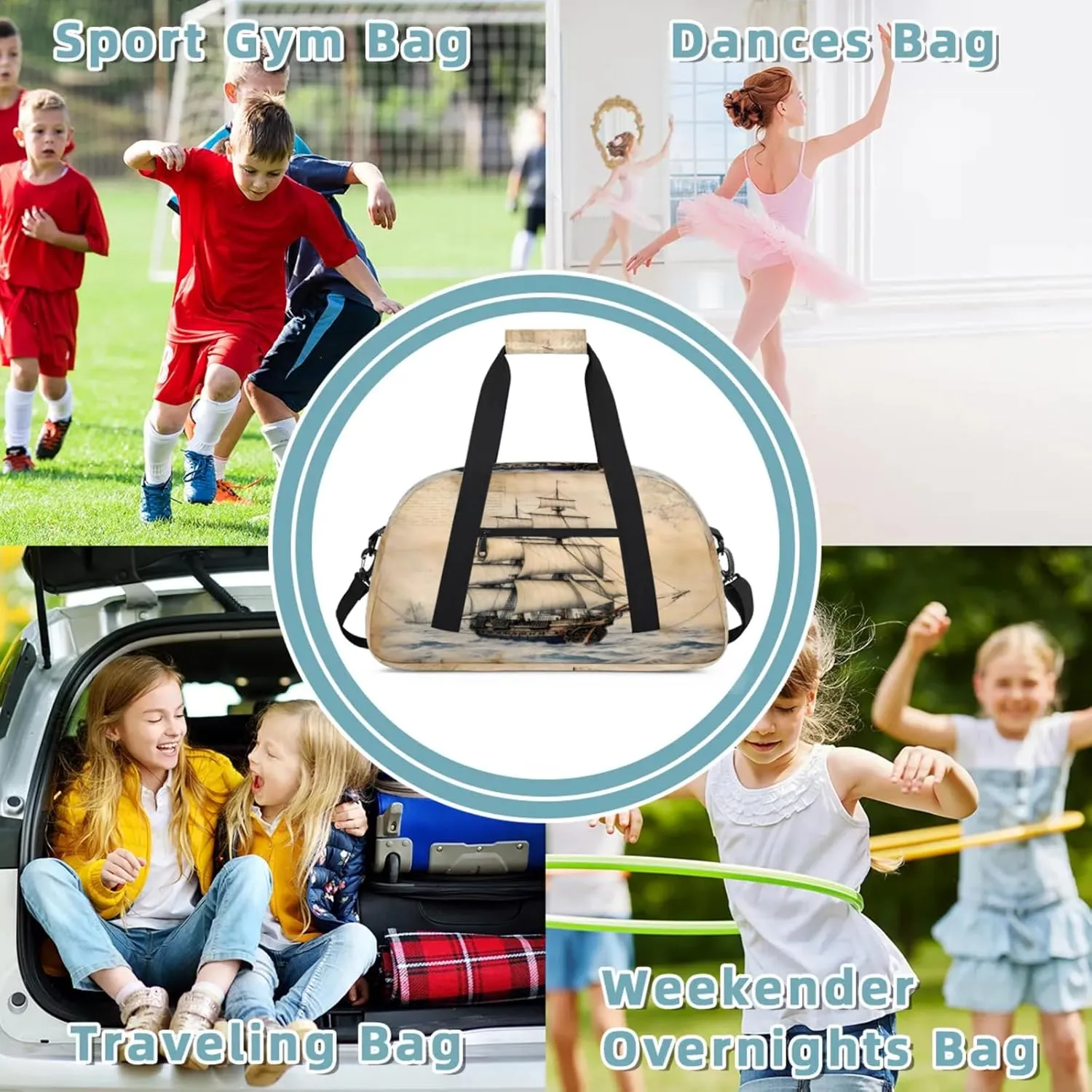 Nautical Ocean Pirate Ship Small Gym Bag 18 inch Carry On Duffel Bag for Weekender Travel Sports Workout Yoga Gymnastics Dance Ballet