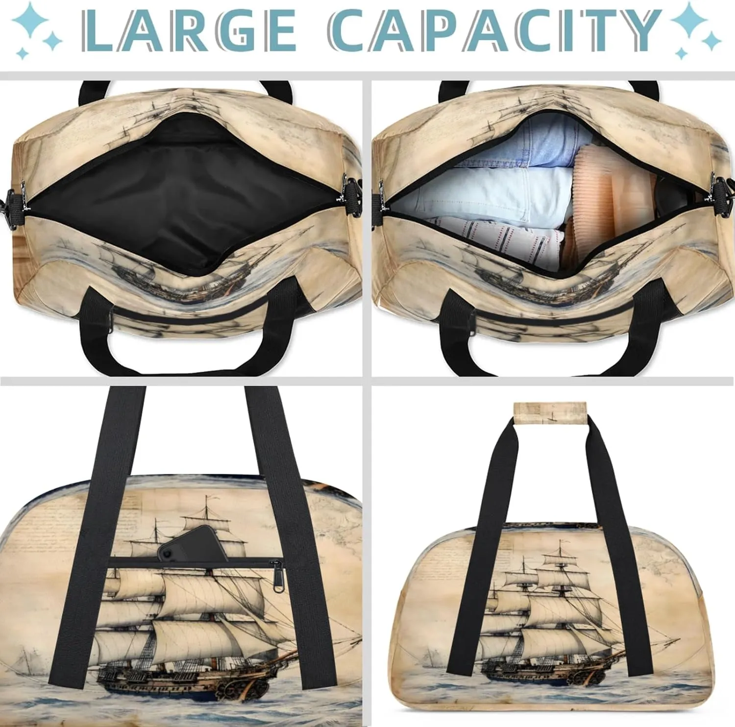 Nautical Ocean Pirate Ship Small Gym Bag 18 inch Carry On Duffel Bag for Weekender Travel Sports Workout Yoga Gymnastics Dance Ballet