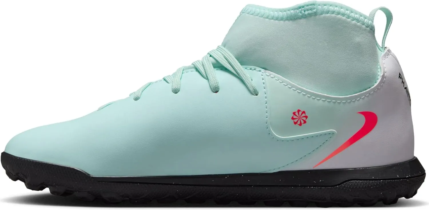 Nike Jr. Phantom Luna 2 Club Little/Big Kids' TF High-Top Soccer Shoes (FJ2607-300, Mint/Off Noir/Atomic Red)