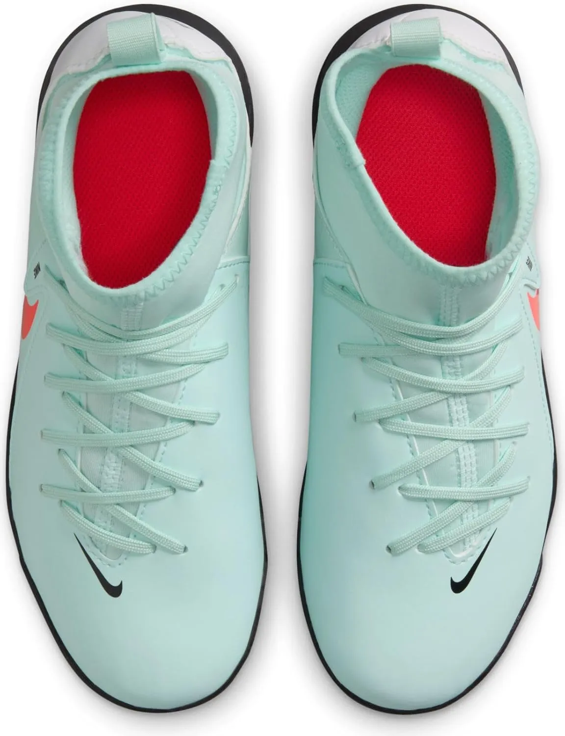 Nike Jr. Phantom Luna 2 Club Little/Big Kids' TF High-Top Soccer Shoes (FJ2607-300, Mint/Off Noir/Atomic Red)