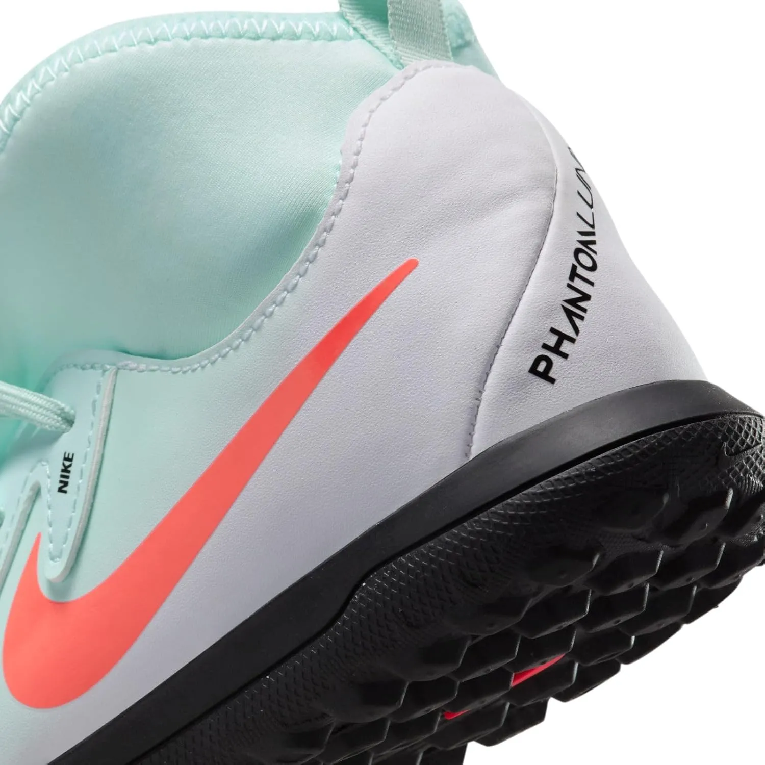 Nike Jr. Phantom Luna 2 Club Little/Big Kids' TF High-Top Soccer Shoes (FJ2607-300, Mint/Off Noir/Atomic Red)