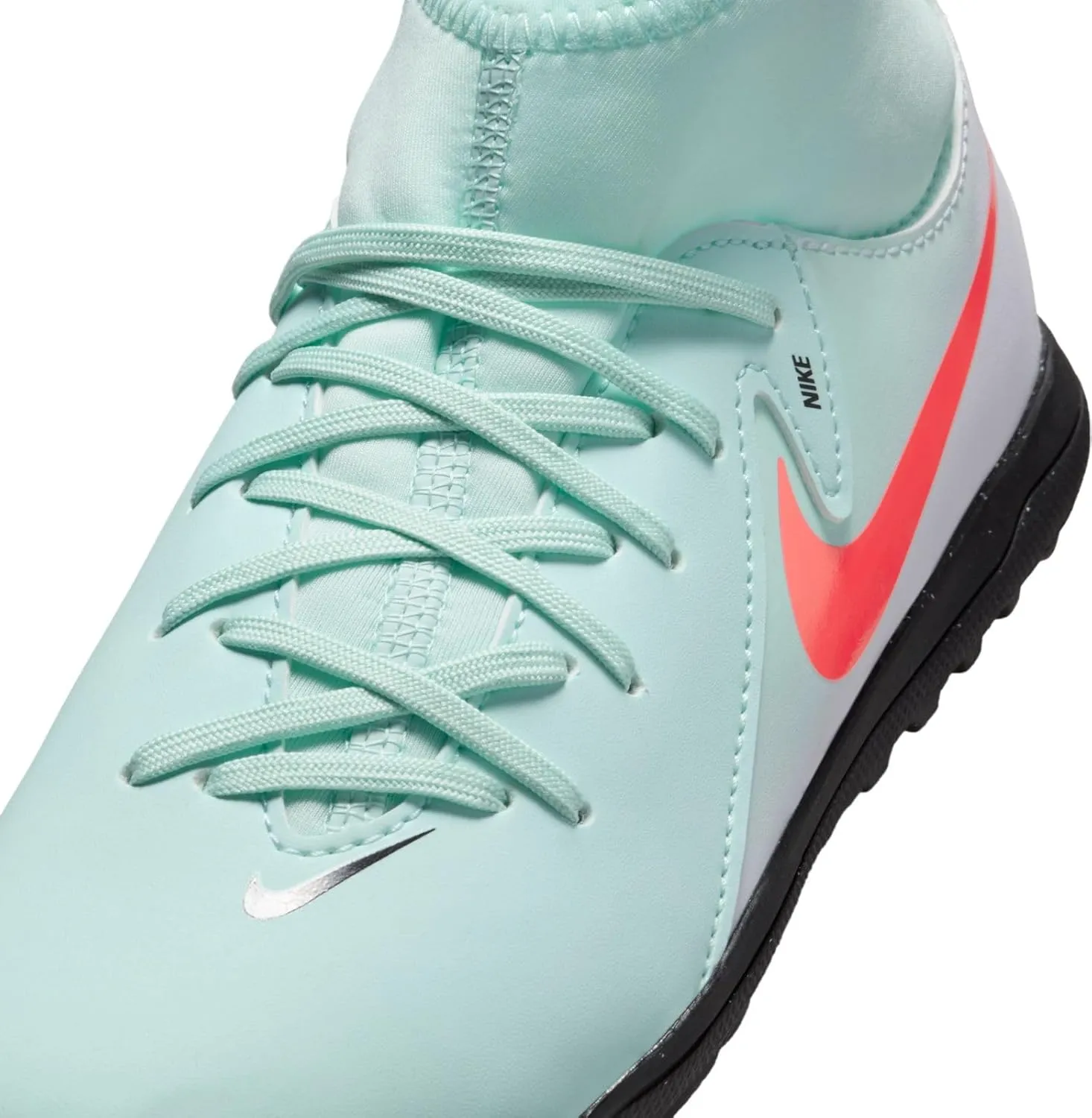 Nike Jr. Phantom Luna 2 Club Little/Big Kids' TF High-Top Soccer Shoes (FJ2607-300, Mint/Off Noir/Atomic Red)