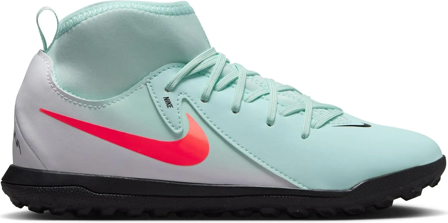 Nike Jr. Phantom Luna 2 Club Little/Big Kids' TF High-Top Soccer Shoes (FJ2607-300, Mint/Off Noir/Atomic Red)