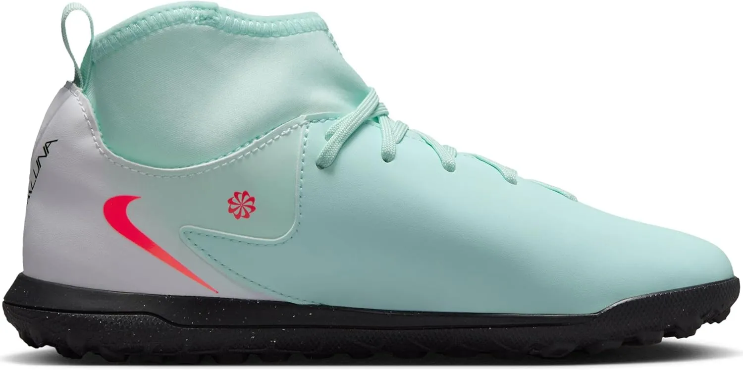 Nike Jr. Phantom Luna 2 Club Little/Big Kids' TF High-Top Soccer Shoes (FJ2607-300, Mint/Off Noir/Atomic Red)