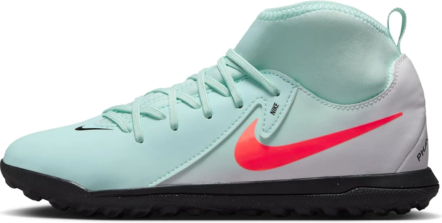 Nike Jr. Phantom Luna 2 Club Little/Big Kids' TF High-Top Soccer Shoes (FJ2607-300, Mint/Off Noir/Atomic Red)