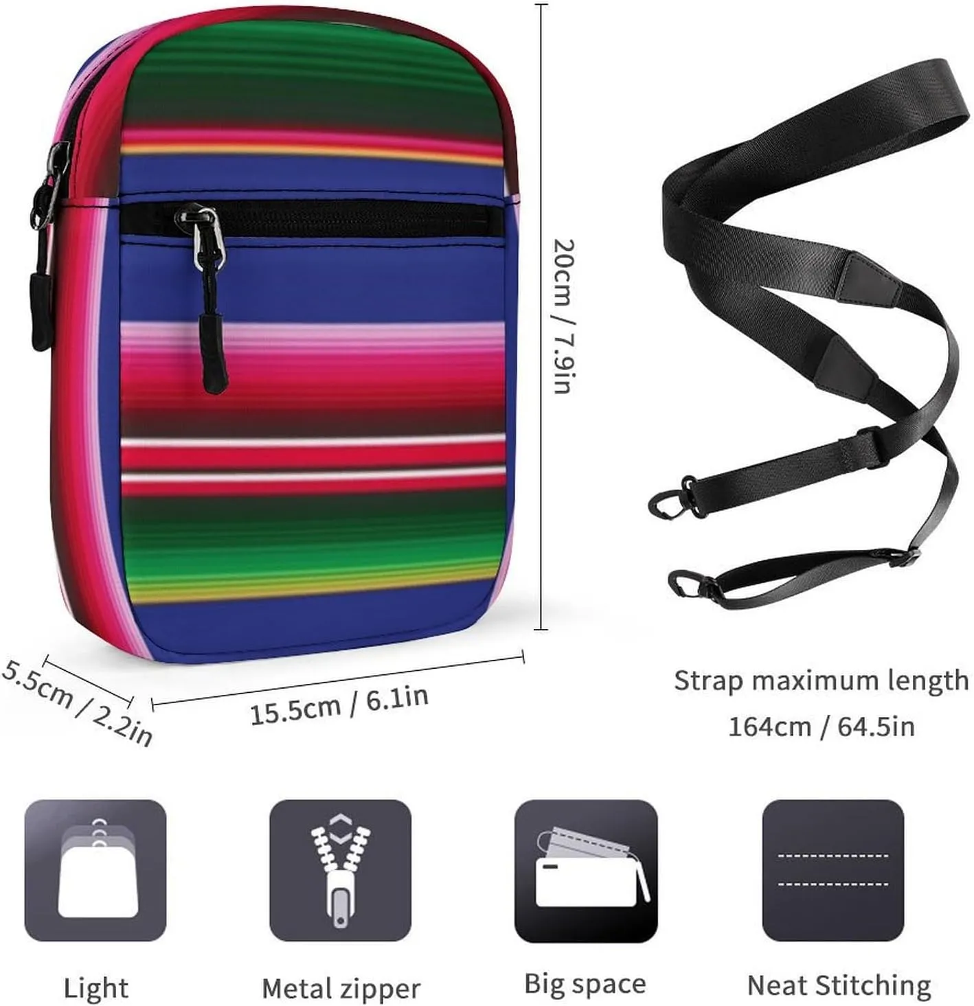 Novel And Colorful Blanket Stripes Crossbody Bag Small Shoulder Bag Waterproof, Lightweight And Convenient