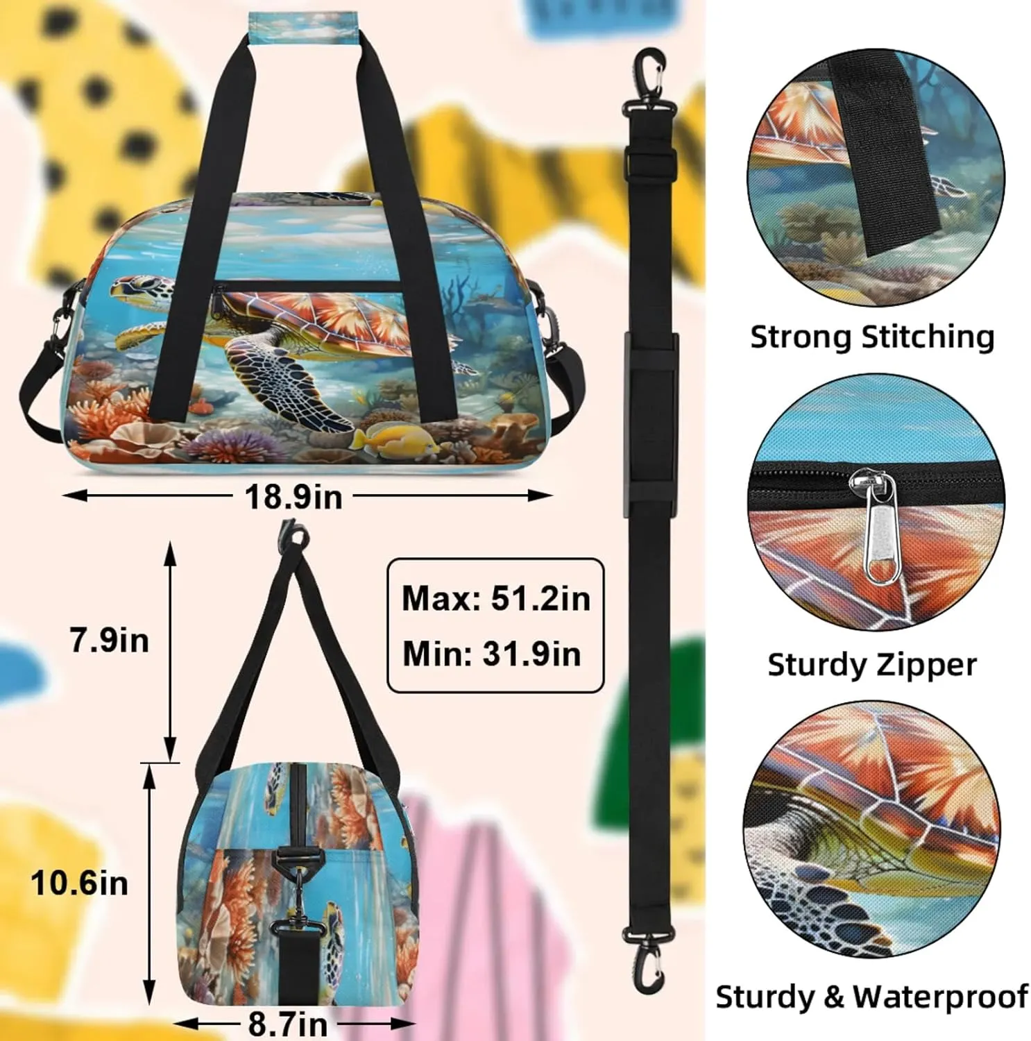 Ocean Sea Turtle Small Gym Bag 18 inch Carry On Duffel Bag for Weekender Travel Sports Workout Yoga Gymnastics Dance Ballet