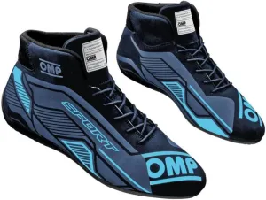 OMP Driving Shoe, Sport, Mid-Top, FIA Approved, Leather Outer, Fire Retardant Inner, Black/Cyan, Size 7.5, Pair