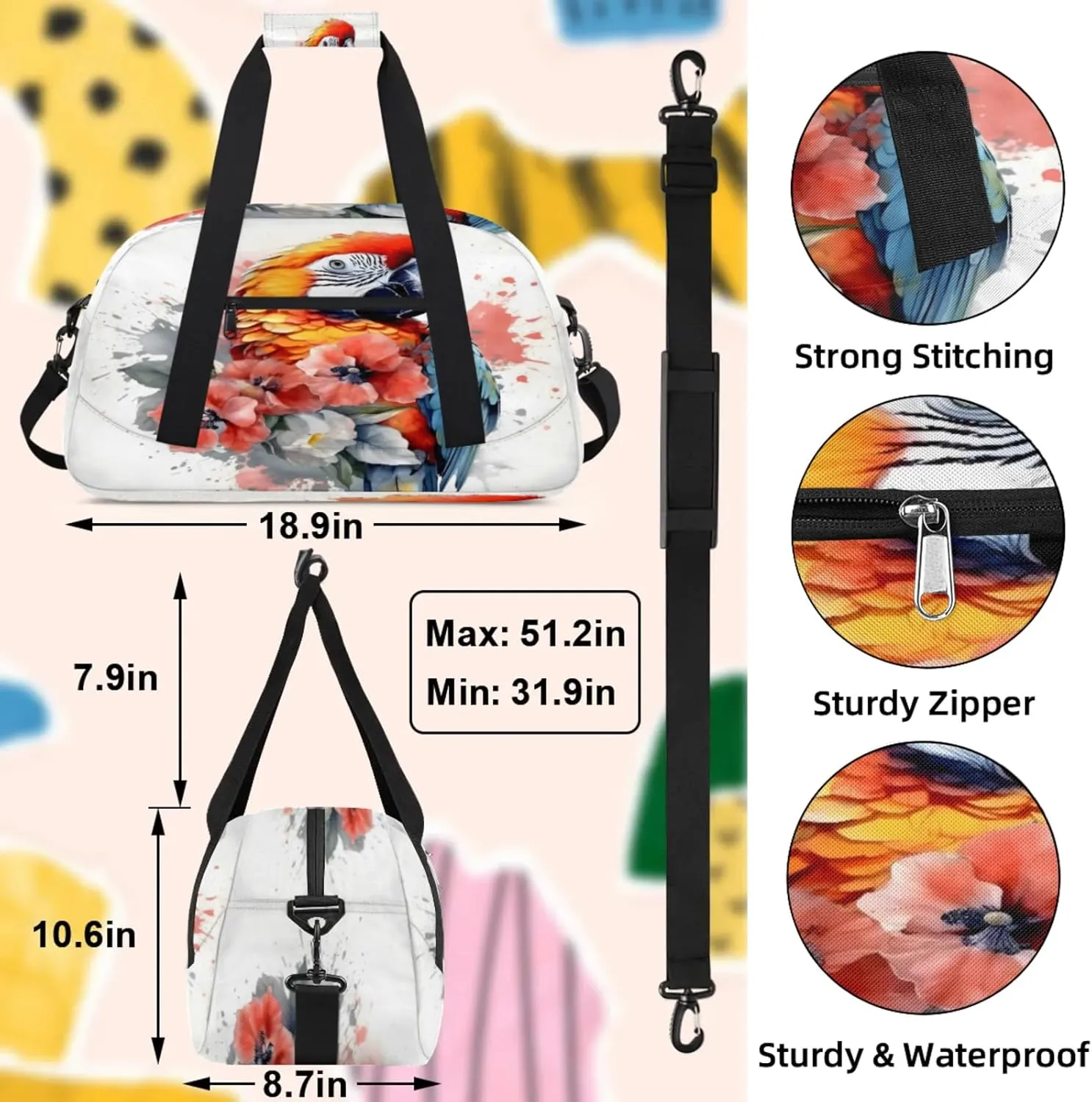 Parrot Flower Small Gym Bag 18 inch Carry On Duffel Bag for Weekender Travel Sports Workout Yoga Gymnastics Dance Ballet