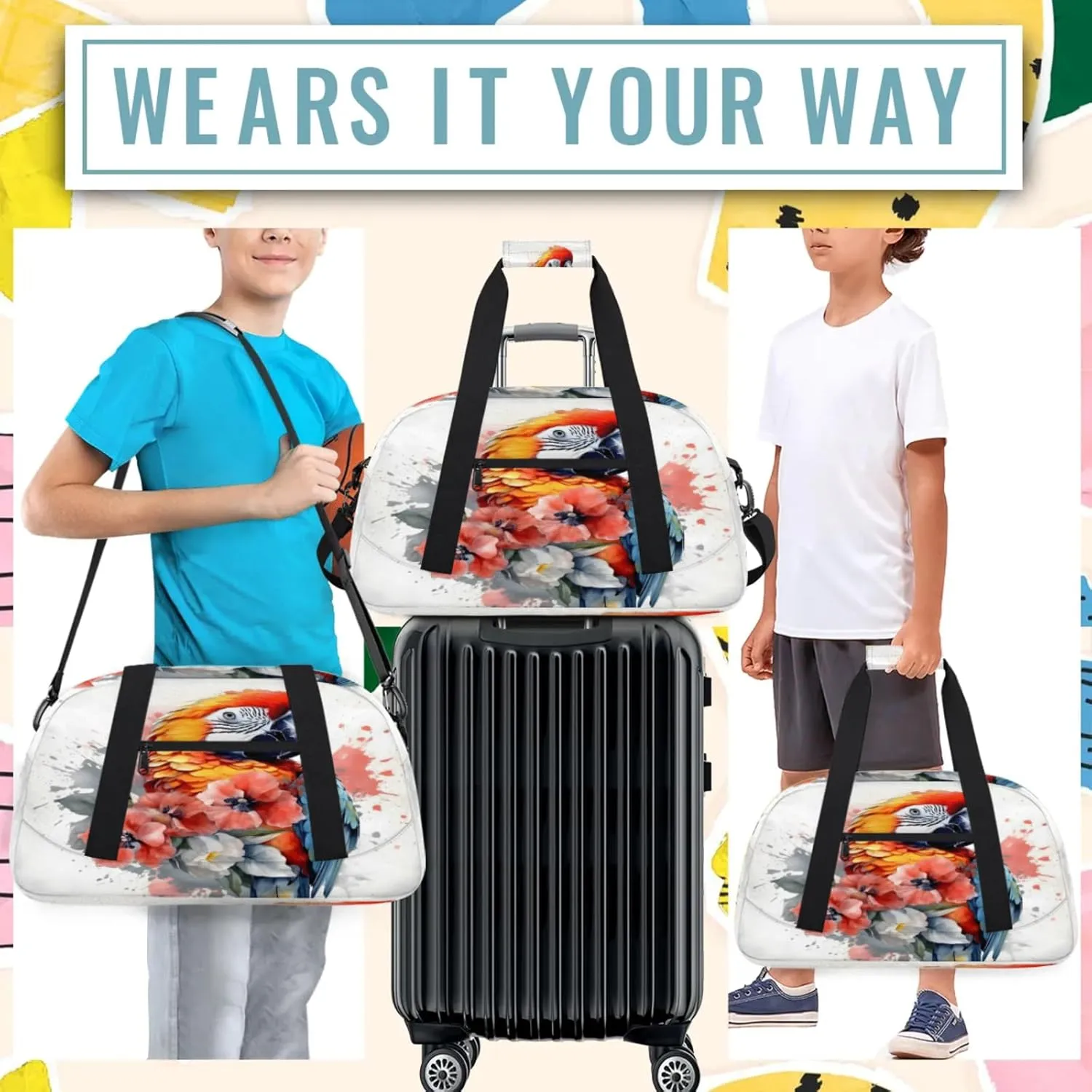 Parrot Flower Small Gym Bag 18 inch Carry On Duffel Bag for Weekender Travel Sports Workout Yoga Gymnastics Dance Ballet