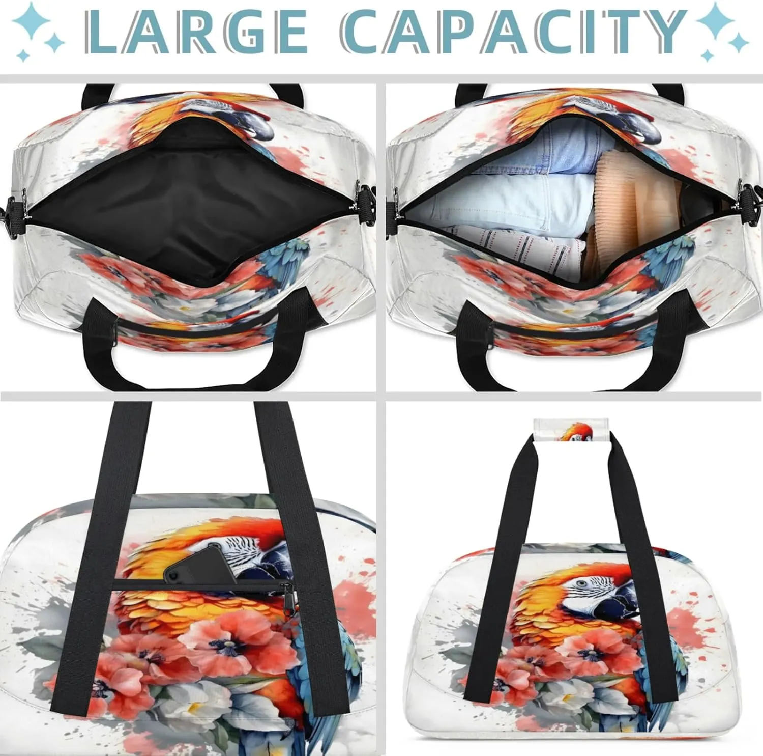 Parrot Flower Small Gym Bag 18 inch Carry On Duffel Bag for Weekender Travel Sports Workout Yoga Gymnastics Dance Ballet