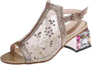 pearlzone Mesh Rhinestone Sandals for Womens Latin Mid Chunky Heel Dance Shoes Heeled Ballroom Salsa Tango Party Sequin Sexy Dance Shoes