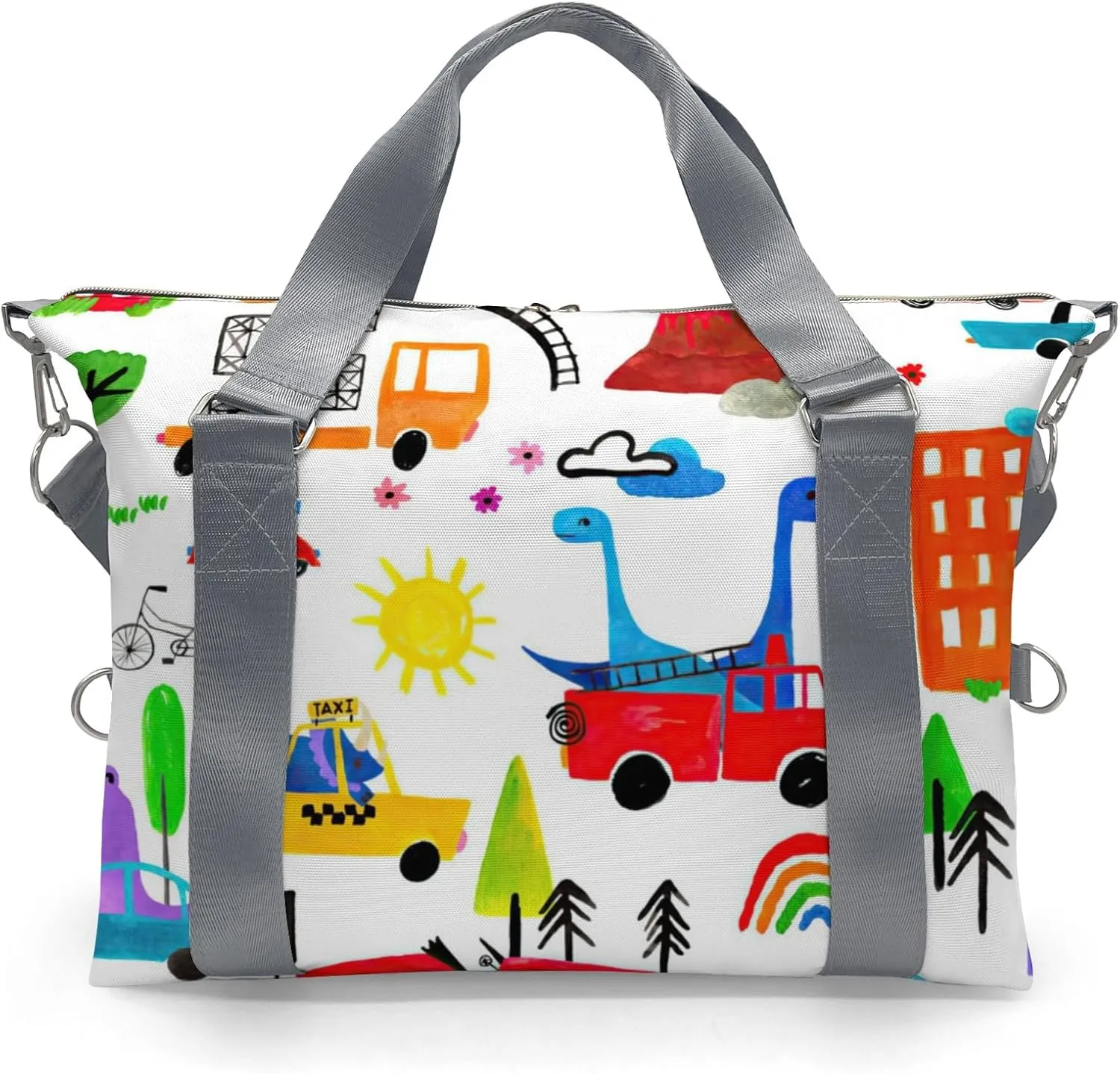 Personalized Dinosaur Watercolor Busy City Duffle Bag with Name,Custom Overnight Bag Travel Bag Gym Duffle Bag for Travel Weekend Sleepover Bag