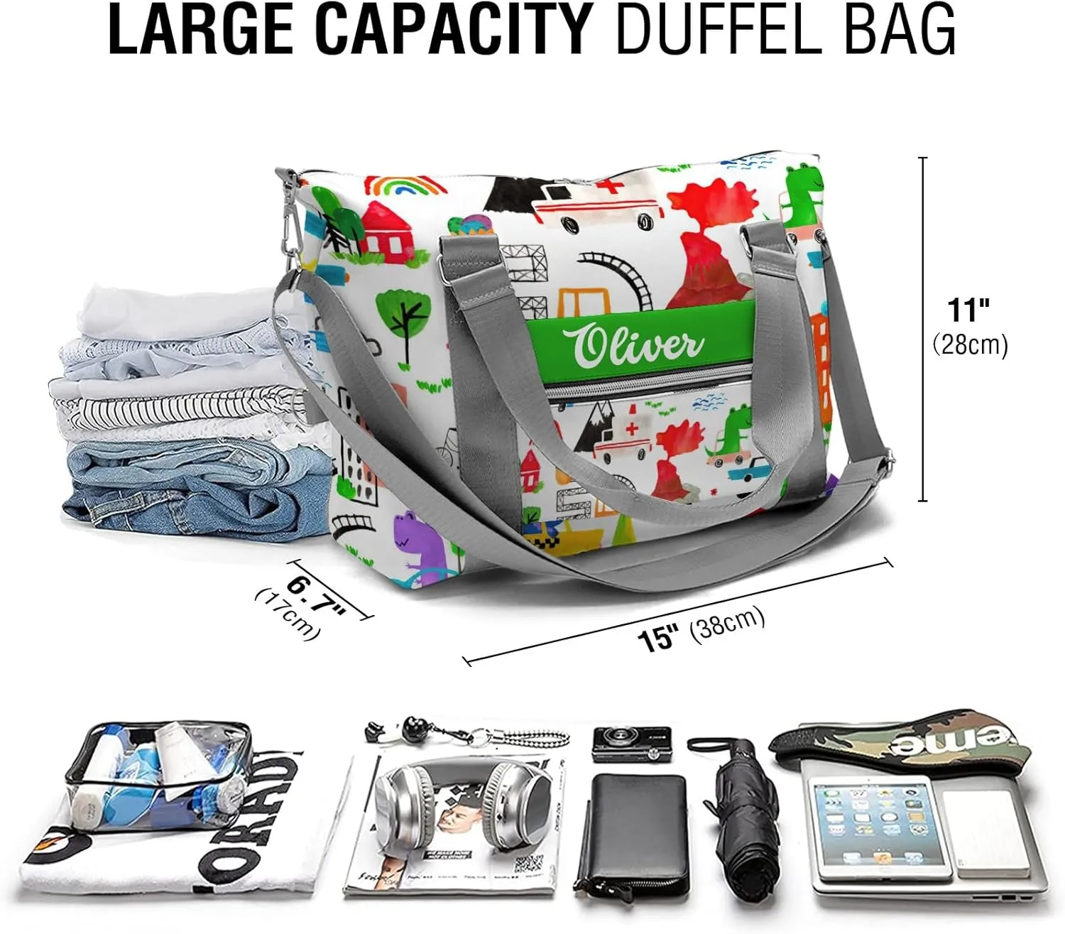 Personalized Dinosaur Watercolor Busy City Duffle Bag with Name,Custom Overnight Bag Travel Bag Gym Duffle Bag for Travel Weekend Sleepover Bag