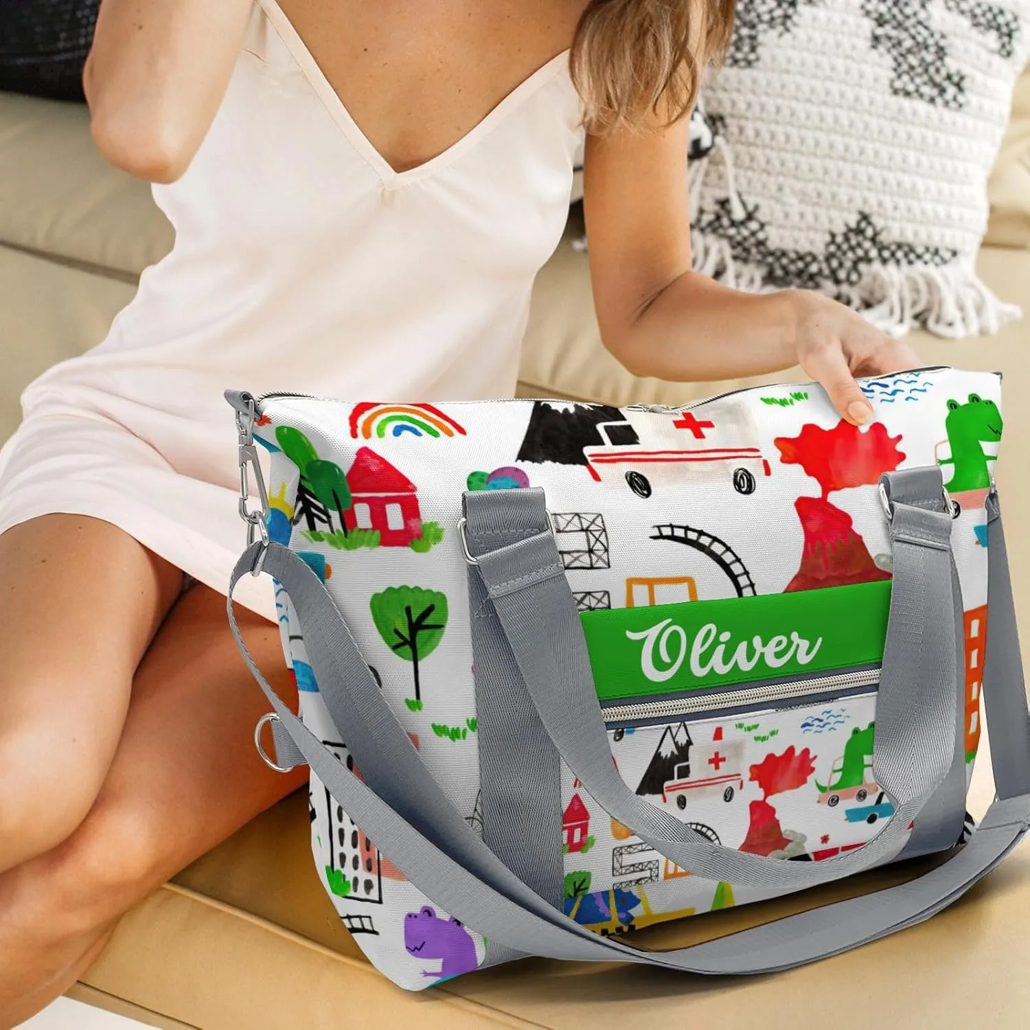 Personalized Dinosaur Watercolor Busy City Duffle Bag with Name,Custom Overnight Bag Travel Bag Gym Duffle Bag for Travel Weekend Sleepover Bag