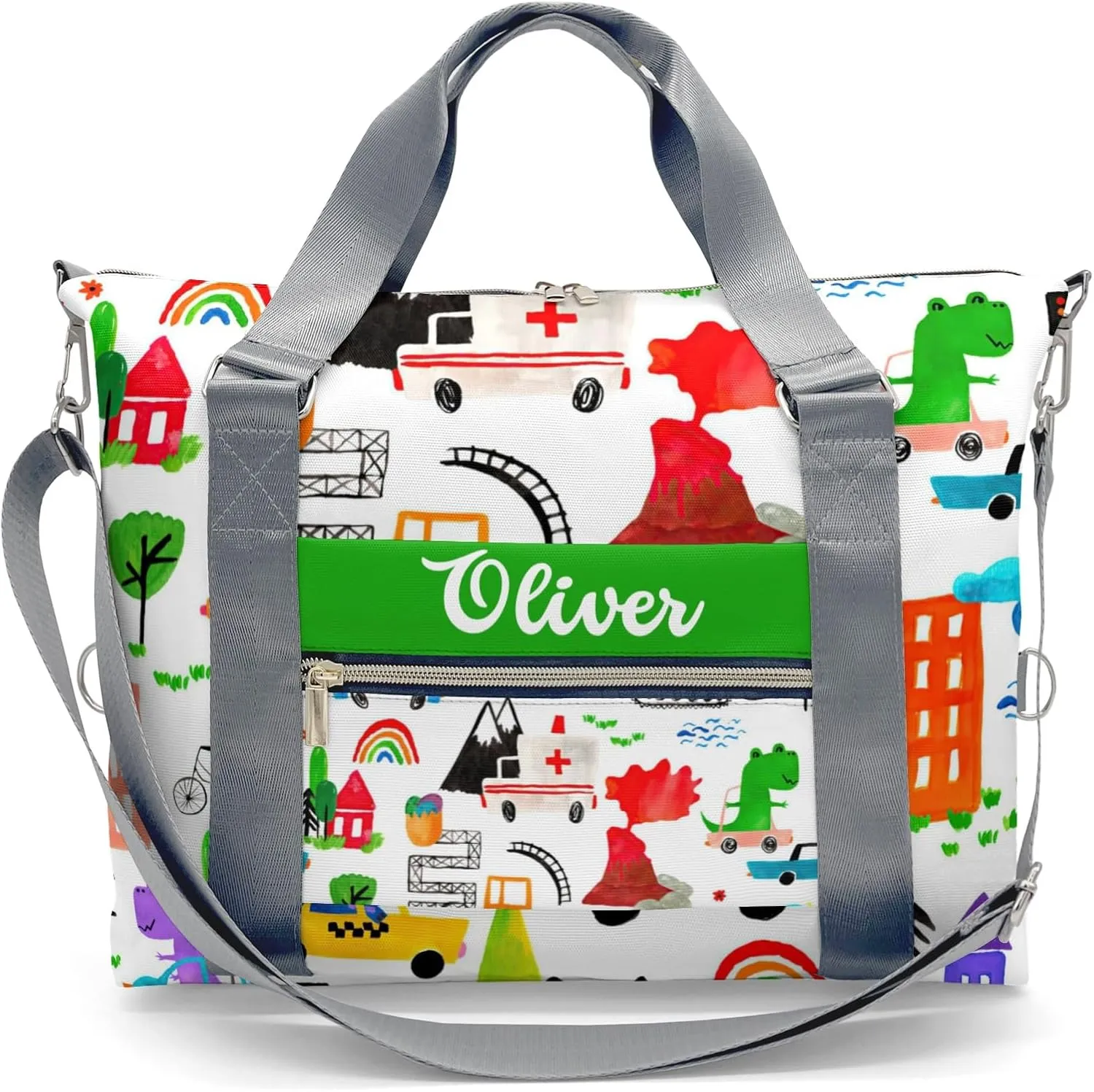 Personalized Dinosaur Watercolor Busy City Duffle Bag with Name,Custom Overnight Bag Travel Bag Gym Duffle Bag for Travel Weekend Sleepover Bag