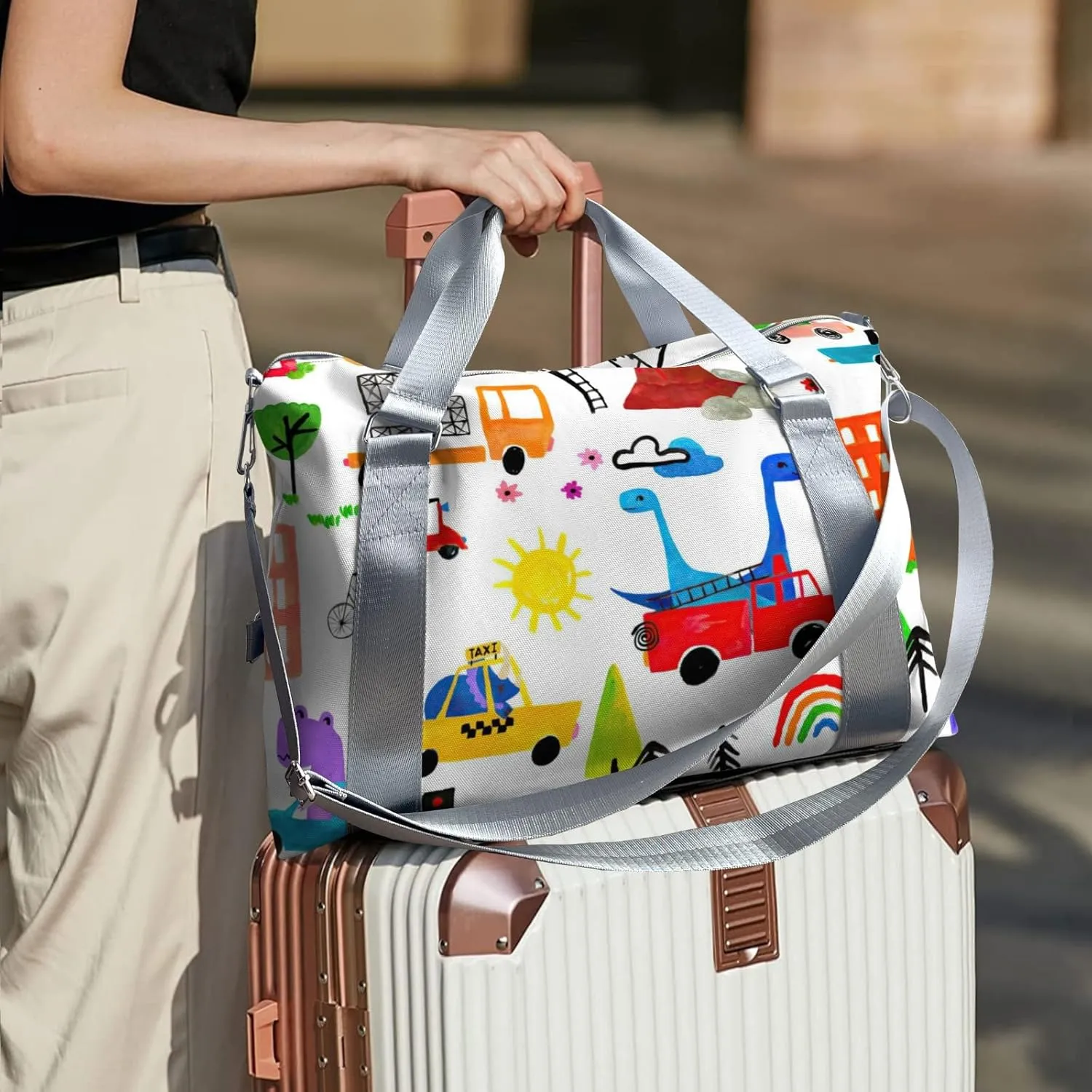 Personalized Dinosaur Watercolor Busy City Duffle Bag with Name,Custom Overnight Bag Travel Bag Gym Duffle Bag for Travel Weekend Sleepover Bag