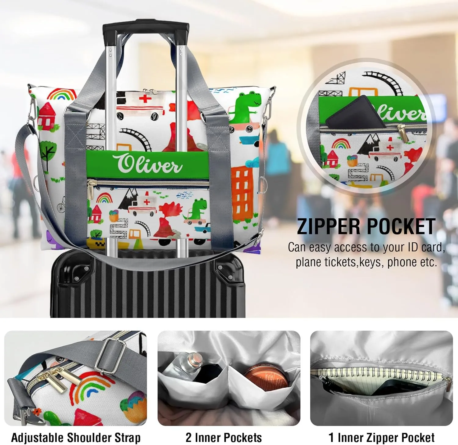 Personalized Dinosaur Watercolor Busy City Duffle Bag with Name,Custom Overnight Bag Travel Bag Gym Duffle Bag for Travel Weekend Sleepover Bag