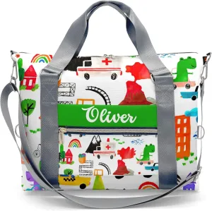 Personalized Dinosaur Watercolor Busy City Duffle Bag with Name,Custom Overnight Bag Travel Bag Gym Duffle Bag for Travel Weekend Sleepover Bag