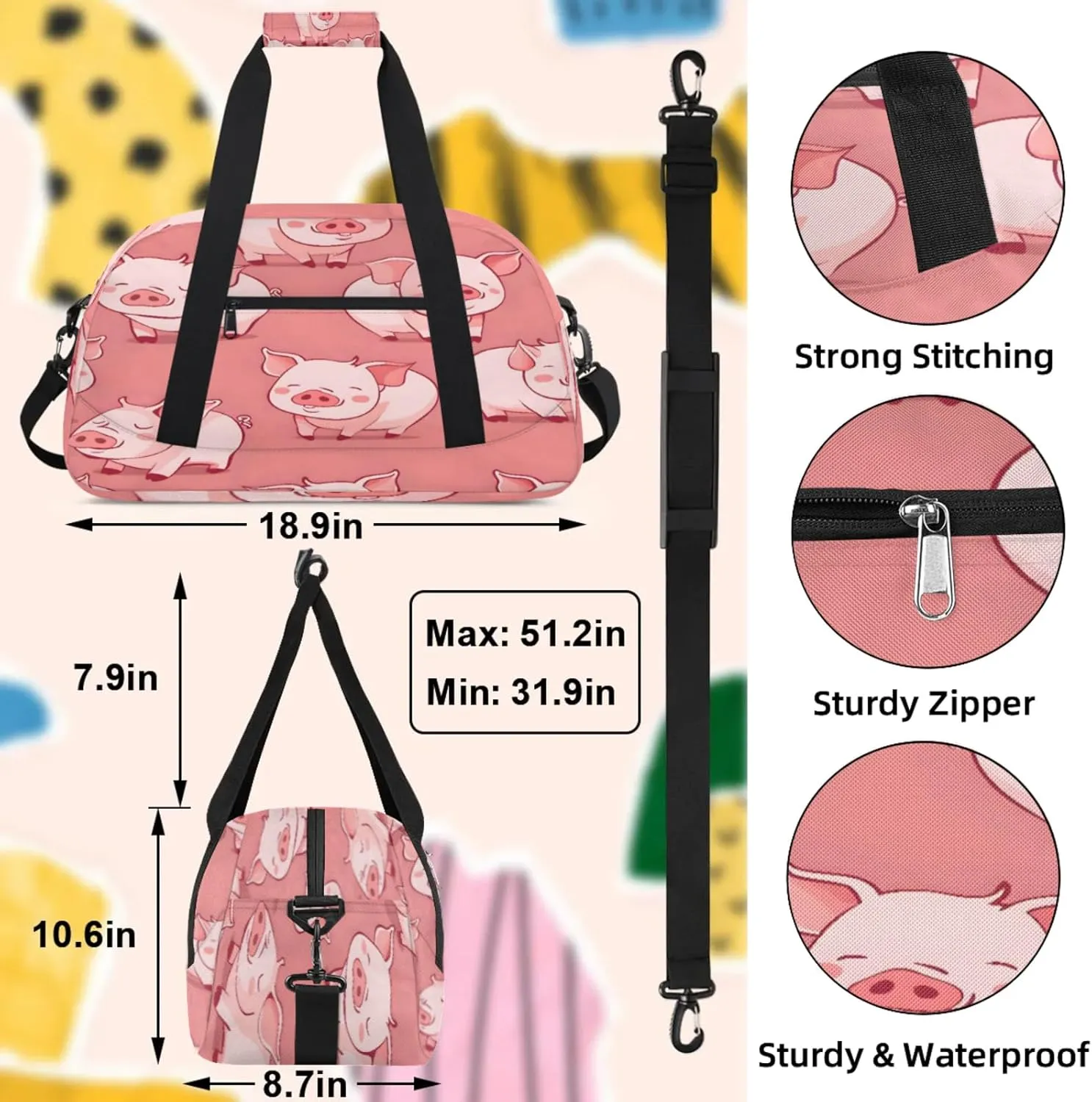 Pink Pig Small Gym Bag 18 inch Carry On Duffel Bag for Weekender Travel Sports Workout Yoga Gymnastics Dance Ballet