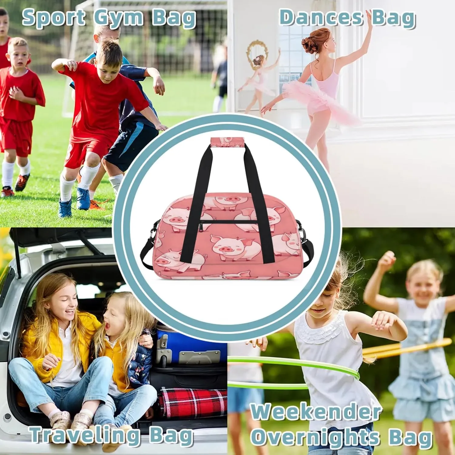 Pink Pig Small Gym Bag 18 inch Carry On Duffel Bag for Weekender Travel Sports Workout Yoga Gymnastics Dance Ballet