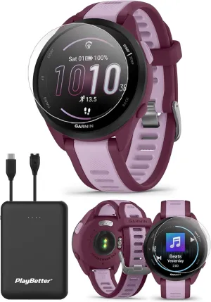 PlayBetter Garmin Forerunner 165 Music (Berry/Lilac) Running GPS Smartwatch Bundle - AMOLED Touchscreen, 11-Day Battery, Training & Recovery - Includes Screen Protectors & Portable Charger