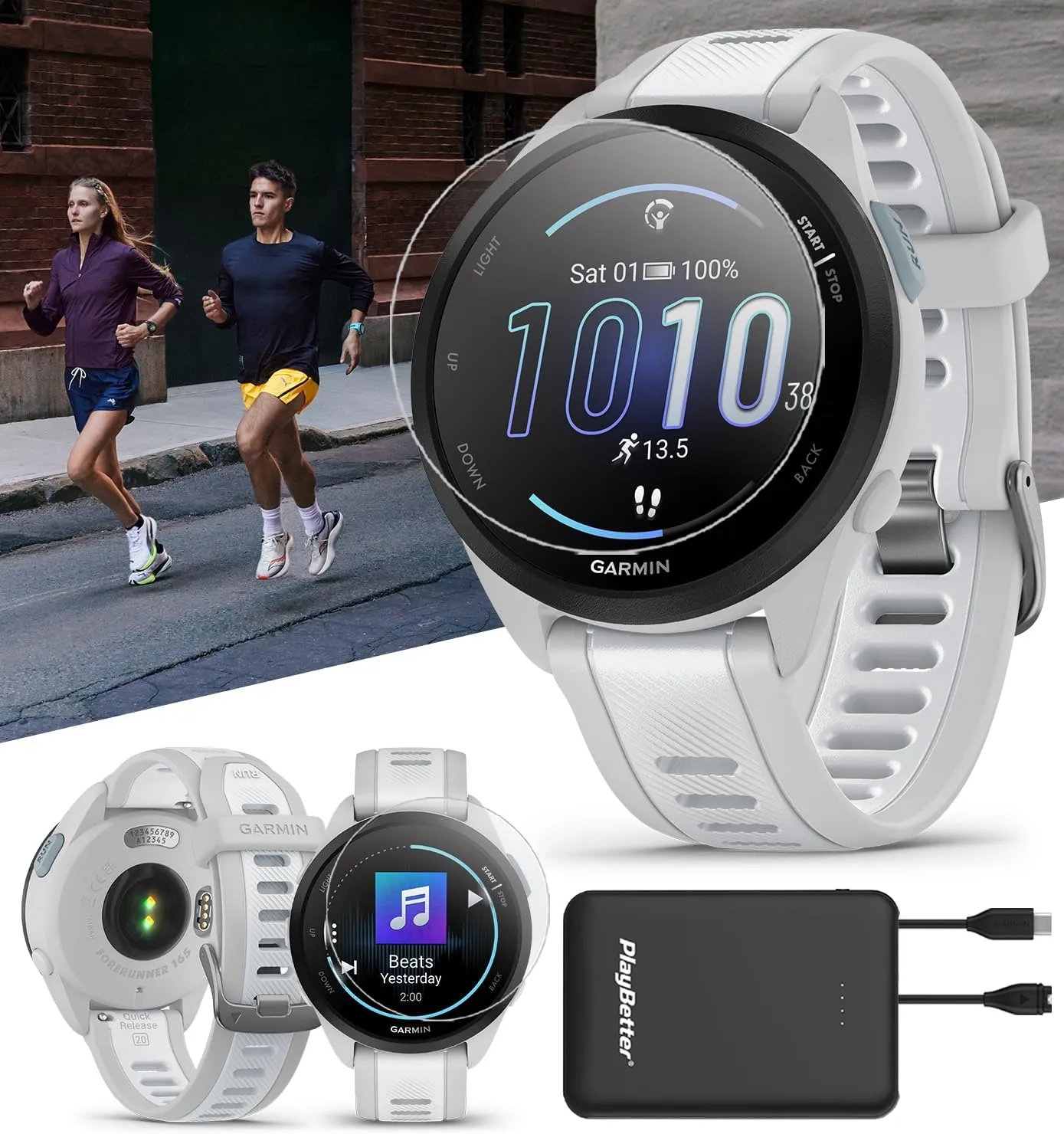 PlayBetter Garmin Forerunner 165 Music (Mist Gray/Whitestone) Running GPS Smartwatch Bundle - AMOLED Touchscreen, 11-Day Battery, Training & Recovery - Includes Screen Protectors & Portable Charger