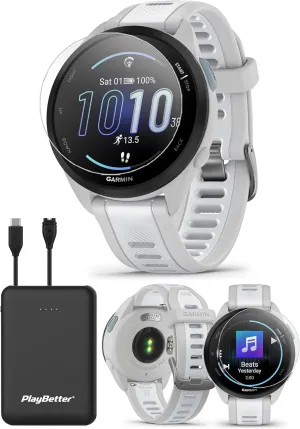 PlayBetter Garmin Forerunner 165 Music (Mist Gray/Whitestone) Running GPS Smartwatch Bundle - AMOLED Touchscreen, 11-Day Battery, Training & Recovery - Includes Screen Protectors & Portable Charger