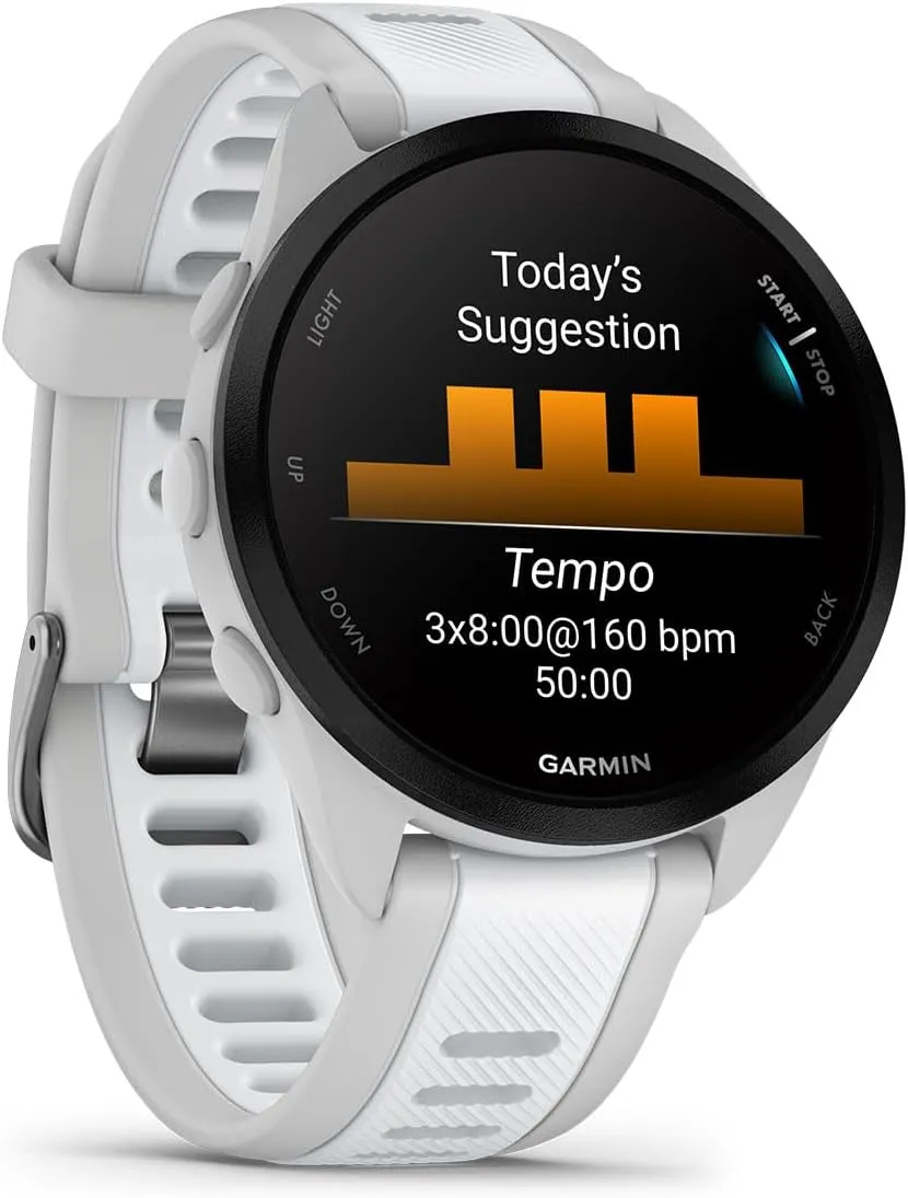 PlayBetter Garmin Forerunner 165 Music (Mist Gray/Whitestone) Running GPS Smartwatch Bundle - AMOLED Touchscreen, 11-Day Battery, Training & Recovery - Includes Screen Protectors & Portable Charger