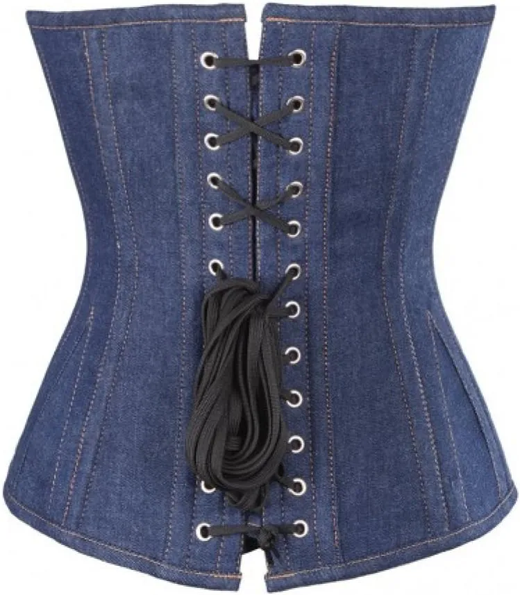 PLUS SIZE Corset Blue Denim Gothic Costume Waist Trainer Overbust Bustier Top