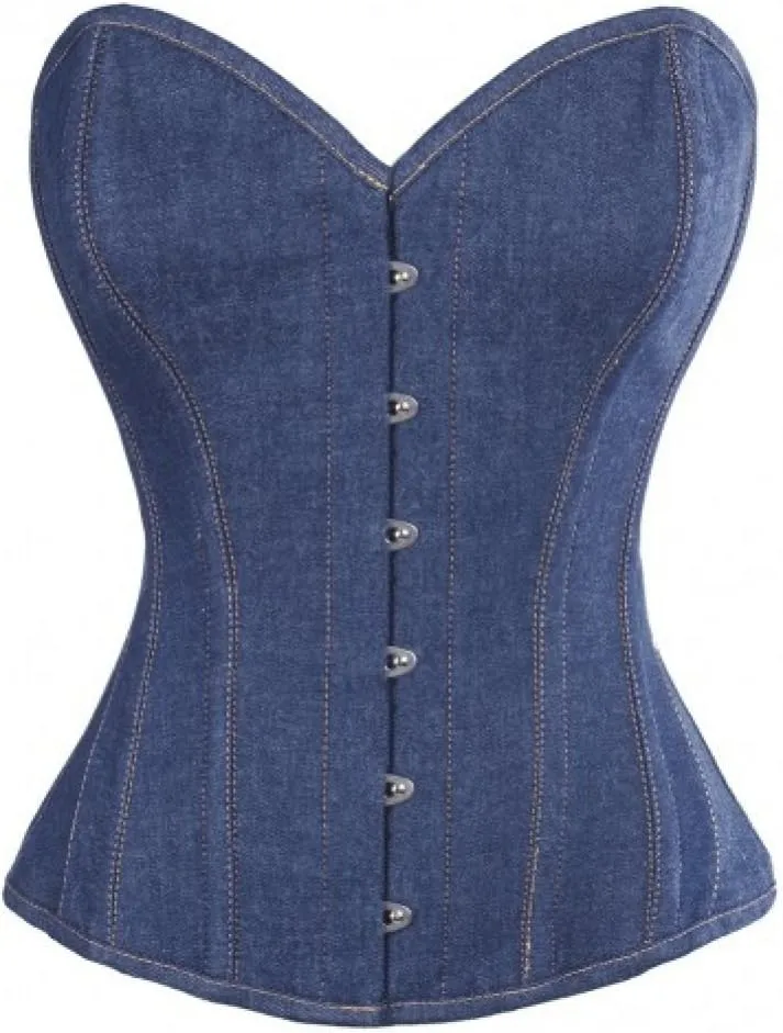 PLUS SIZE Corset Blue Denim Gothic Costume Waist Trainer Overbust Bustier Top