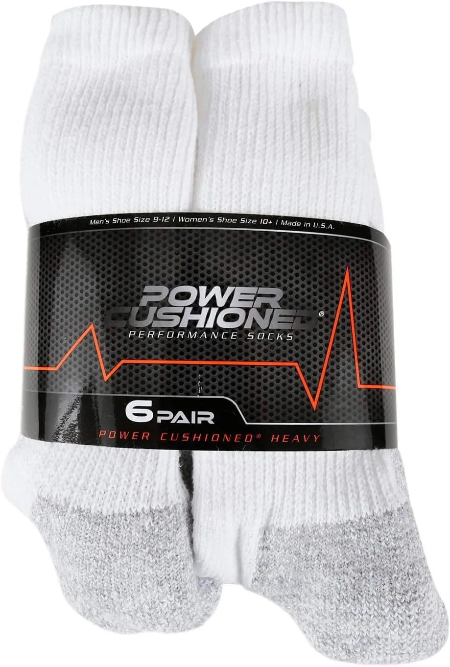 POWER-CUSHIONED Performance Crew Large 6 Pair Pack (White), LARGE (Men's shoe size 9-12)