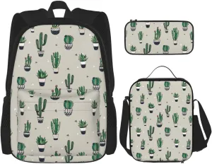 Premium Green cactus. Print 3-in-1 Backpack Set with Lunch Bag & Pencil Case Portable Bag Set