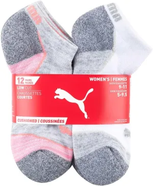 PUMA Women's Low Cut Cushioned Socks (9-11 Sock / 5-9.5 Shoe, White/Grey)