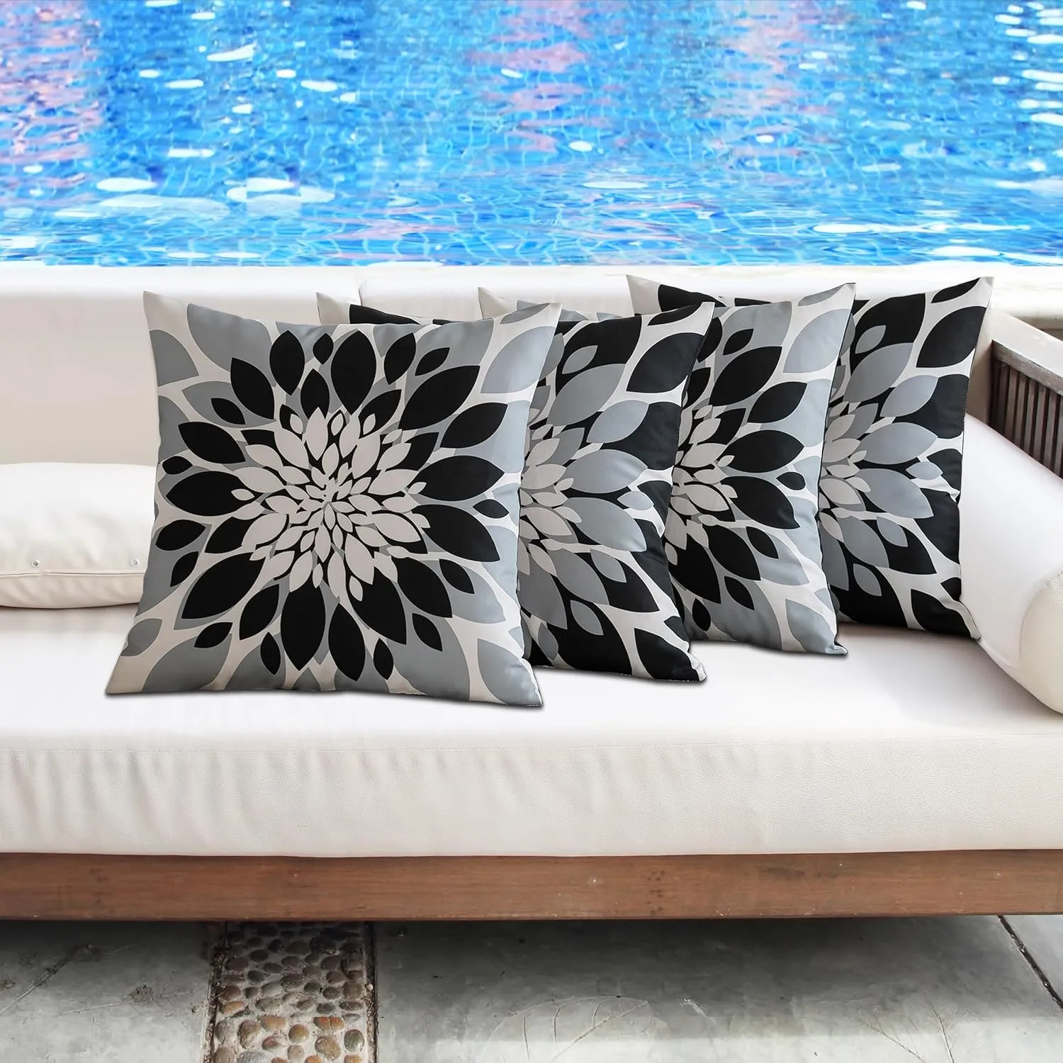 Qahing Pack of 4 Outdoor Waterproof Pillow Covers 16x16 Decorative Outdoor Throw Pillows Garden Square Cushion Cases for Patio Furniture, Couch, Tent Sunbrella, Bench, Black Grey