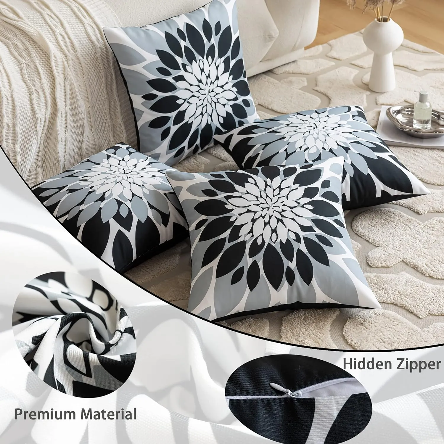 Qahing Pack of 4 Outdoor Waterproof Pillow Covers 16x16 Decorative Outdoor Throw Pillows Garden Square Cushion Cases for Patio Furniture, Couch, Tent Sunbrella, Bench, Black Grey